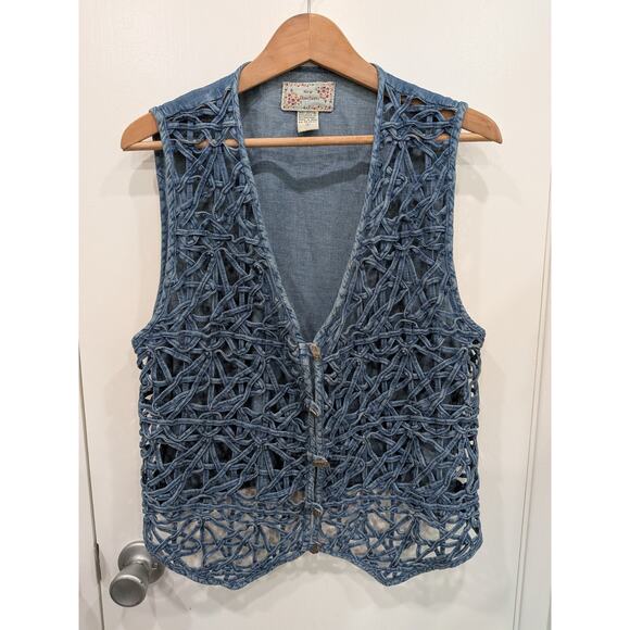 other Jackets & Blazers - Denim Jean Vest Women Large Cage Weave Boho Lattice Woven Whimsigoth Festival